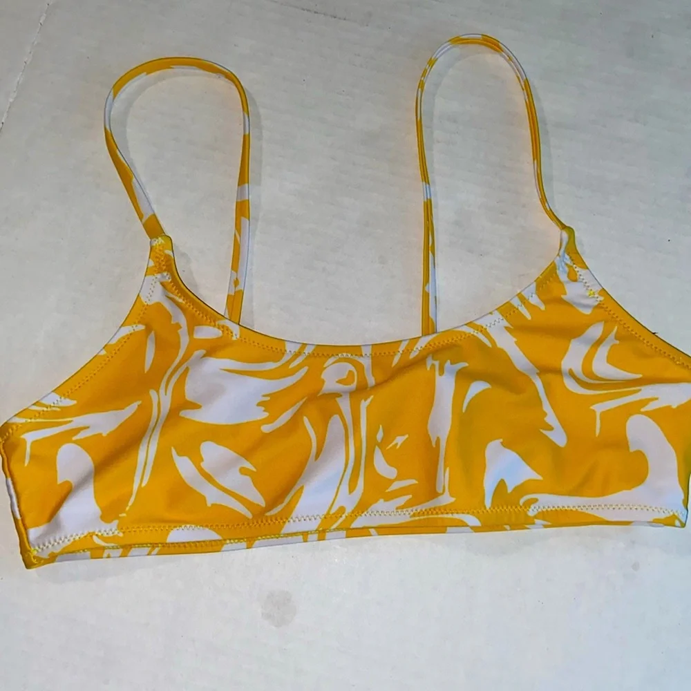 Missguided Yellow White Swirl Scoop Neck Adjustable Straps High Cut Bikini 3482